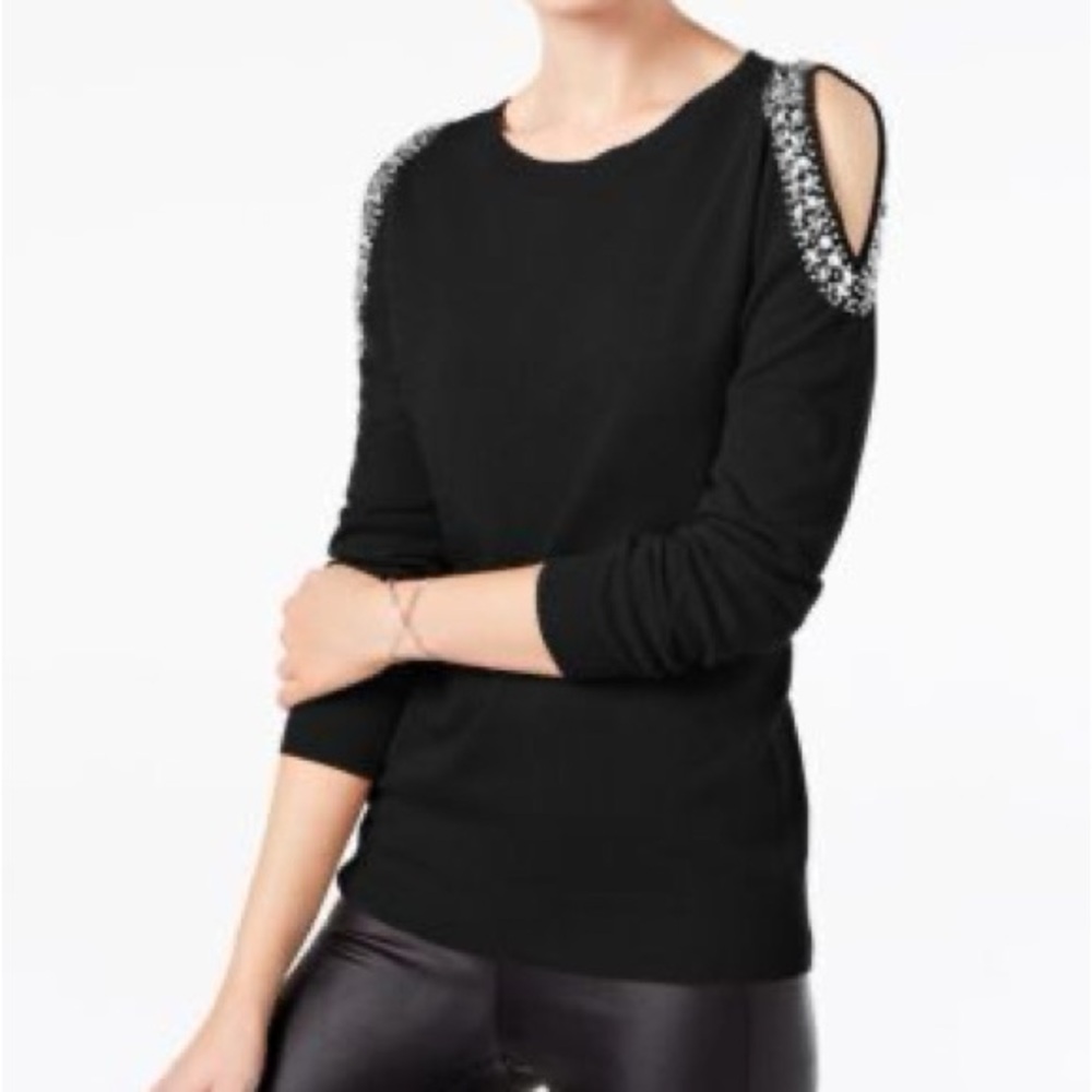 Embellished Black Cold Shoulder Sweater - Picture 5 of 5